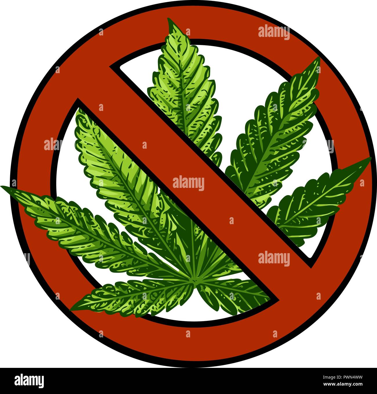NO marijuana segno simbolico cerchio rosso foglia verde sullo sfondo bianco vettore Illustrazione Vettoriale