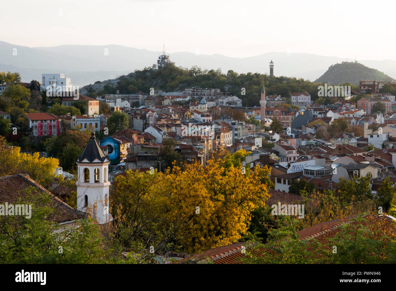 Angolo di alta vista di Plovdiv città vecchia, Bulgaria Foto Stock
