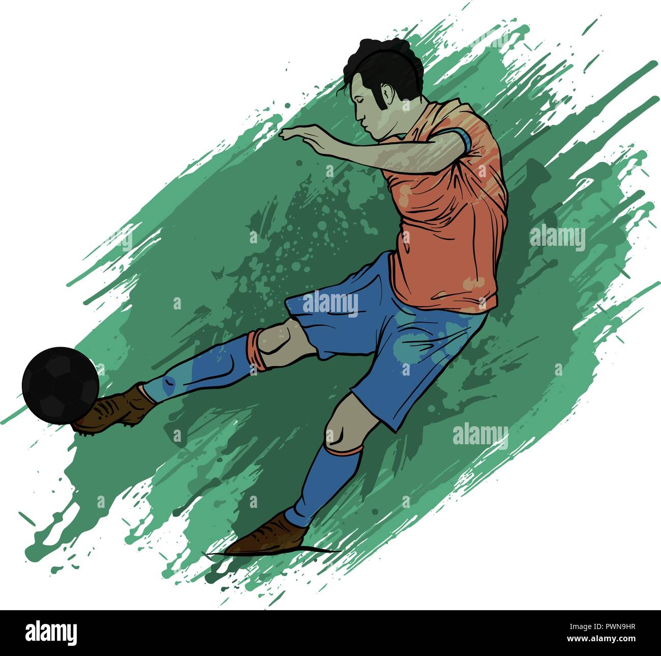 Un caucasian giocatore di calcio uomo giocando calci in silhouette isolati su sfondo bianco Illustrazione Vettoriale