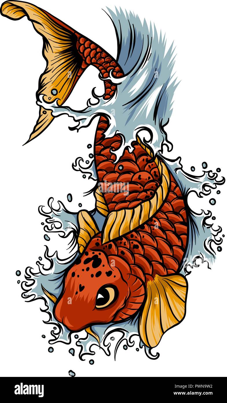 Disegnata a mano contorno pesce Koi e acqua splash tatuaggio giapponese Illustrazione Vettoriale