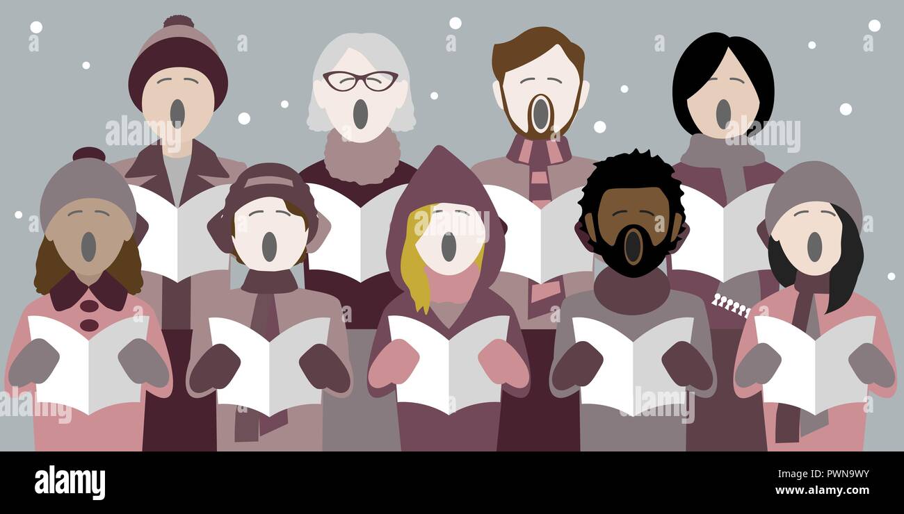 Diversi gruppi di adulti a cantare i canti natalizi in un coro multiculturale Illustrazione Vettoriale