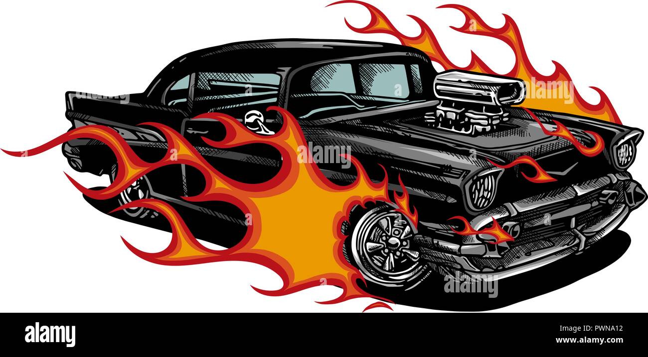 Muscolo auto vecchio 70s illustrazione vettoriale con fiamme Illustrazione Vettoriale