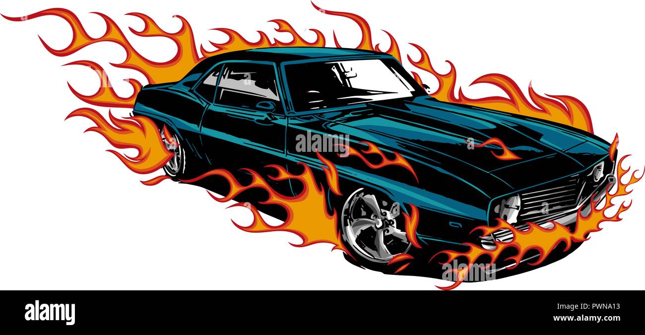 Muscolo auto vecchio 70s illustrazione vettoriale con fiamme Illustrazione Vettoriale
