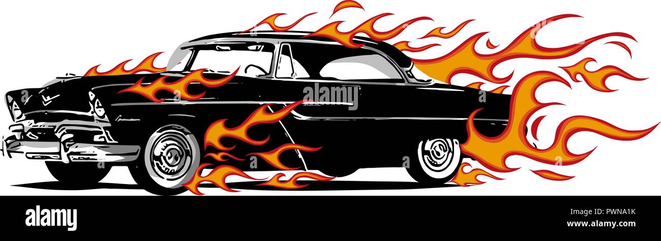 Muscolo auto vecchio 70s illustrazione vettoriale con fiamme Illustrazione Vettoriale