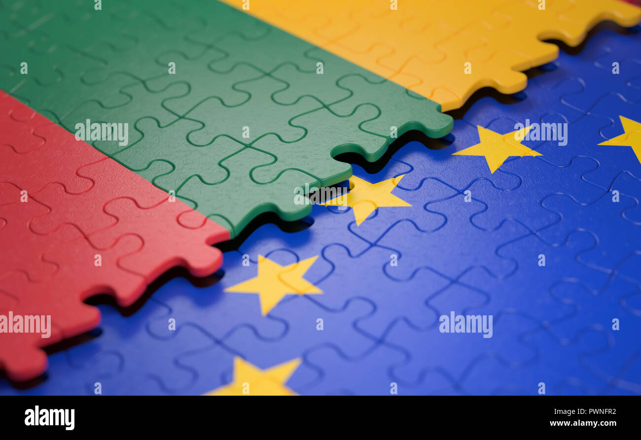 Bandiera della Lituania e dell'Unione europea sotto forma di pezzi di un puzzle nel concetto di politica e unione economica. Foto Stock
