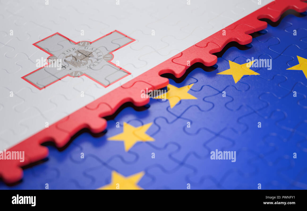 Bandiera della malta e l'Unione europea sotto forma di pezzi di un puzzle nel concetto di politica e unione economica. Foto Stock