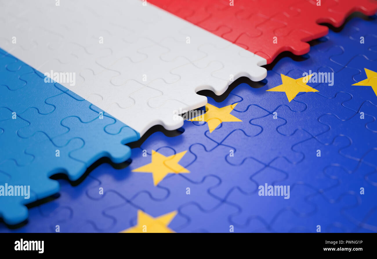 Bandiera del Lussemburgo e l'Unione europea sotto forma di pezzi di un puzzle nel concetto di politica e unione economica. Foto Stock