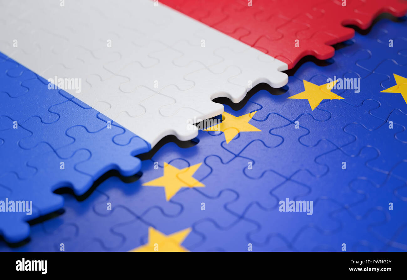 Bandiera dei Paesi Bassi e l'Unione europea sotto forma di pezzi di un puzzle nel concetto di politica e unione economica. Foto Stock