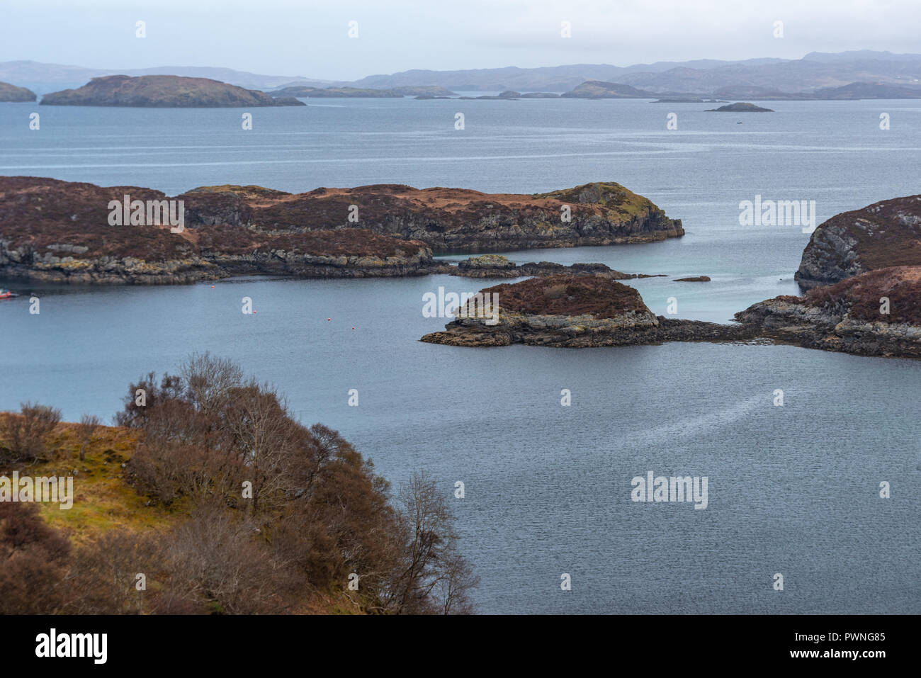 Isole della baia di Drumbeg, Sutherland, Ross-shire, Scotland, Regno Unito Foto Stock