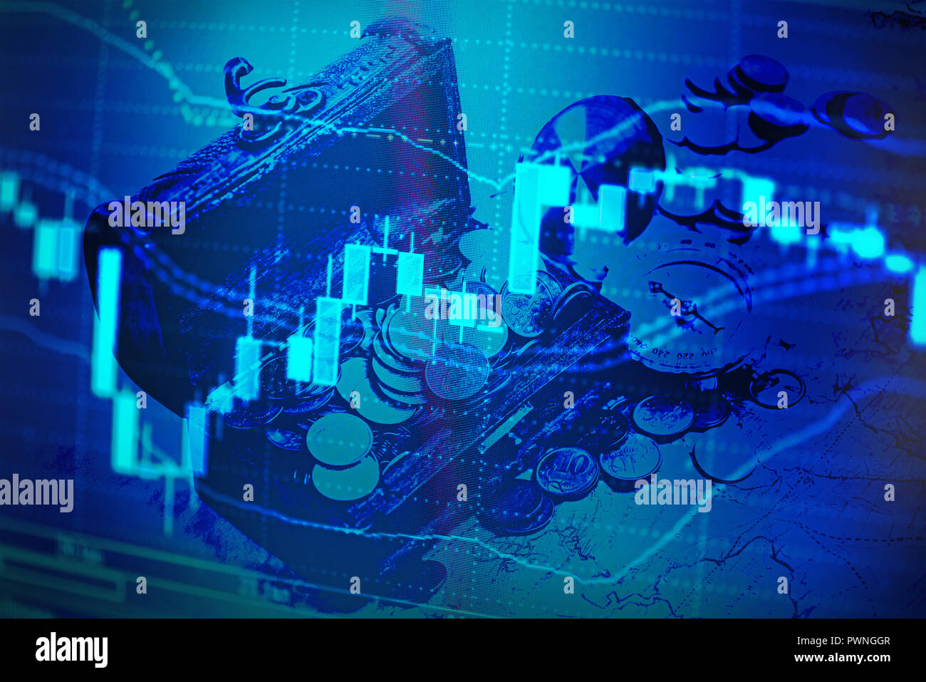 Stock Car sullo schermo del computer su treatsure torace e mappa collage Foto Stock