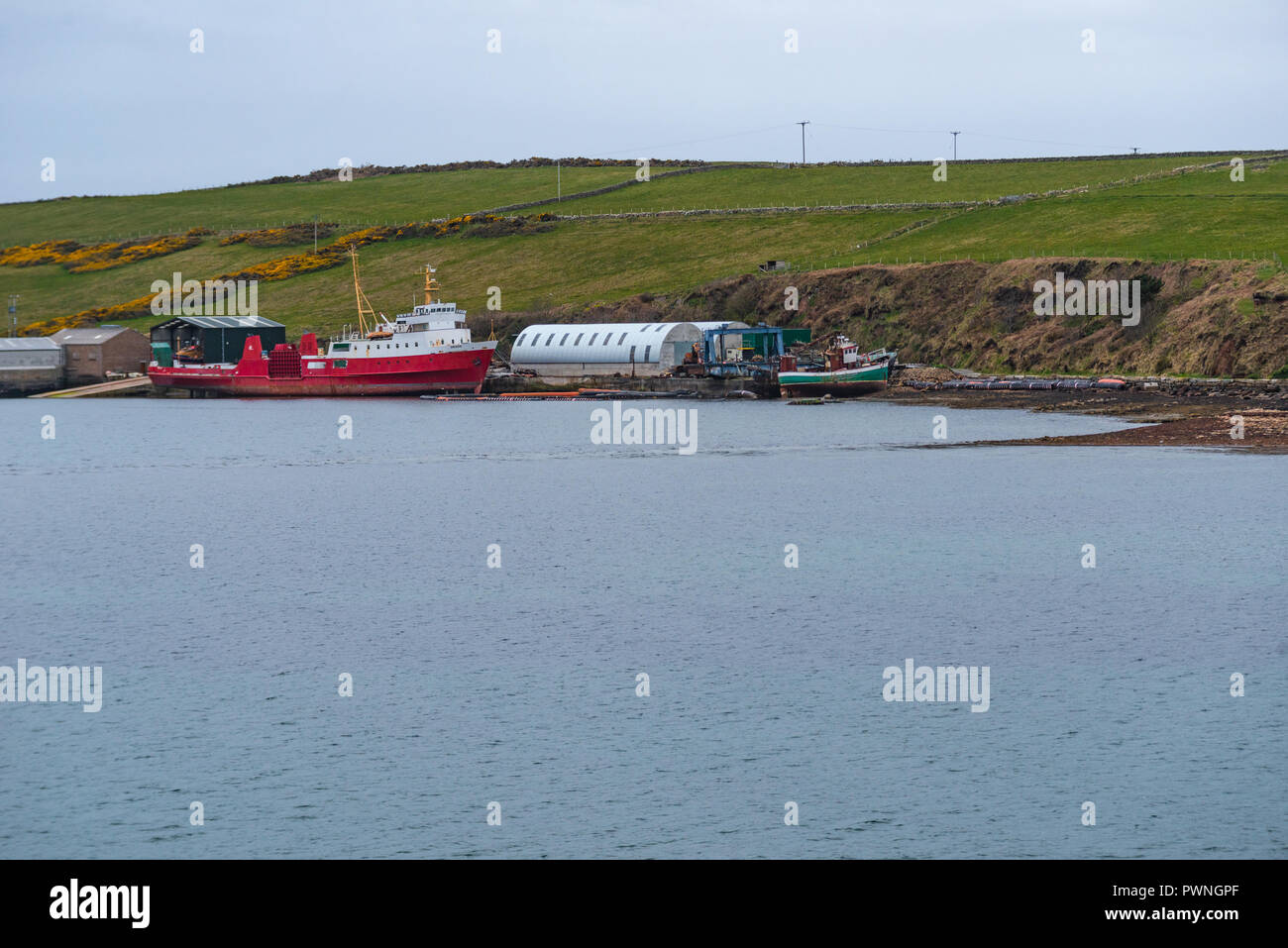 Viste da un traghetto mentre arrivando a Stromness, Orkney Islands, Scotland, Regno Unito Foto Stock