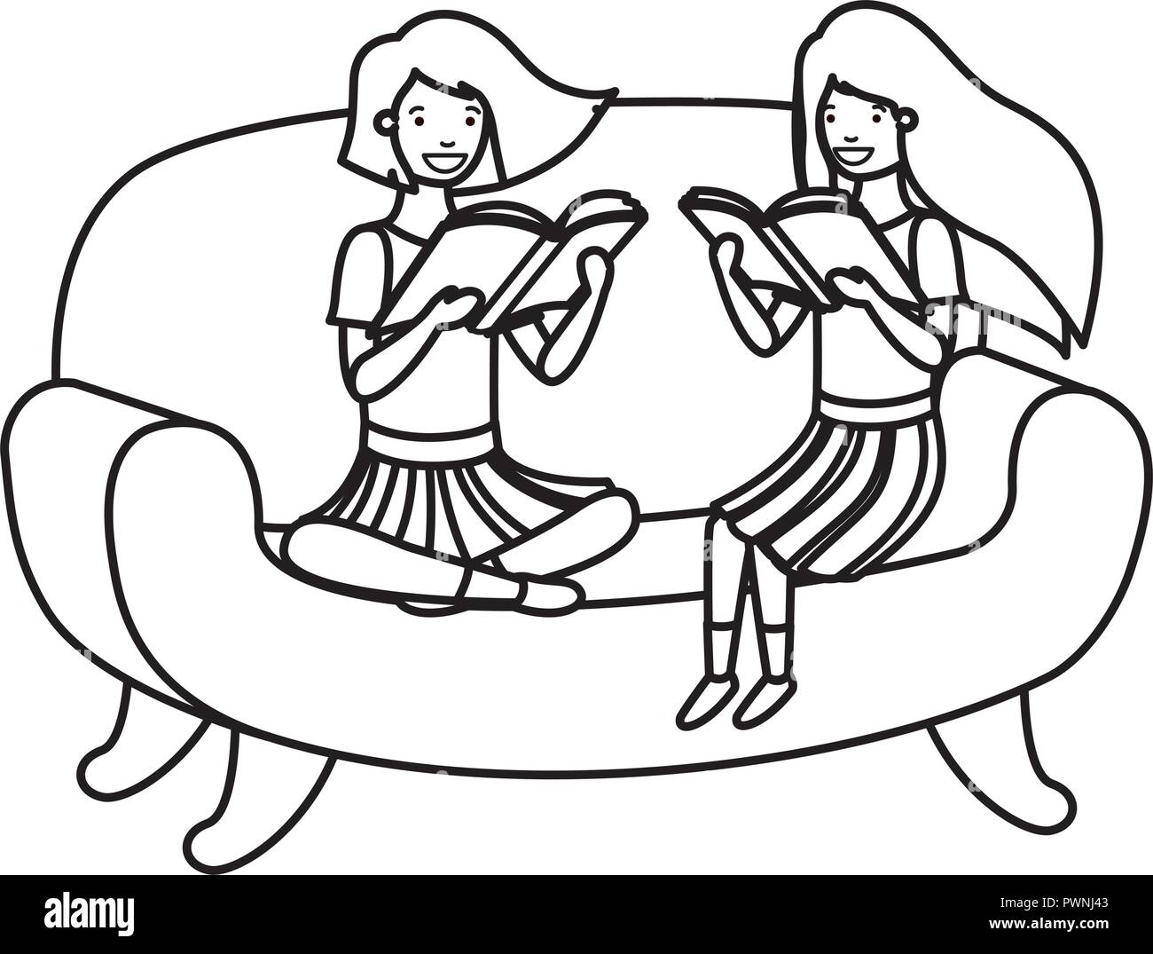 Le donne sedute in divano con libro avatar carattere Illustrazione Vettoriale