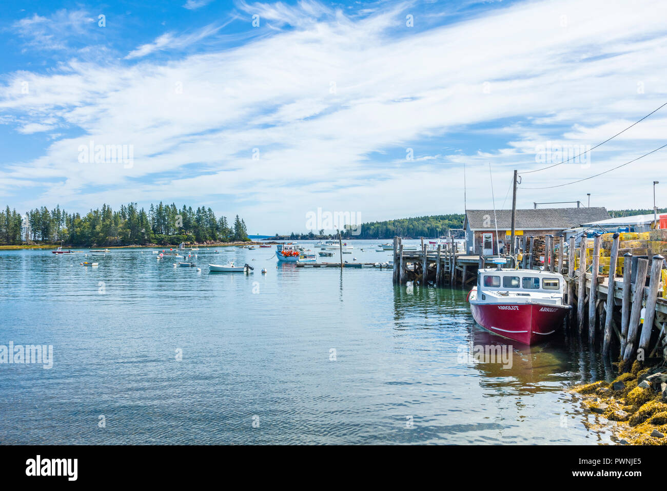 Barche e pier in testa i gufi Porto sulla costa dell'Oceano Atlantico del Maine Foto Stock