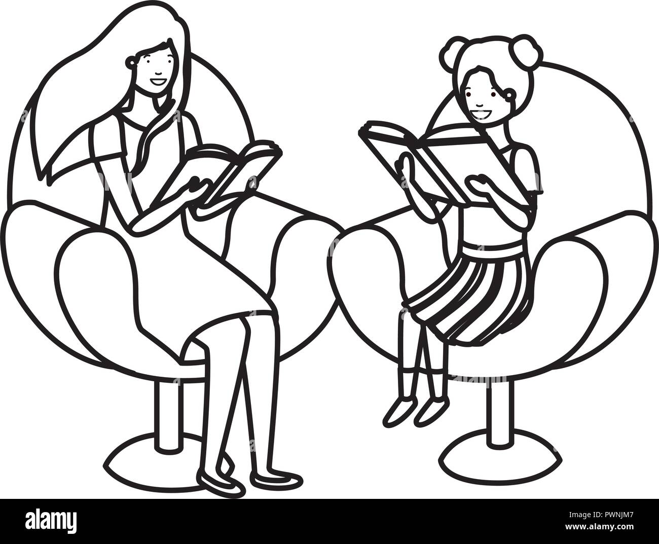 Le donne sedute in divano con libro avatar carattere Illustrazione Vettoriale