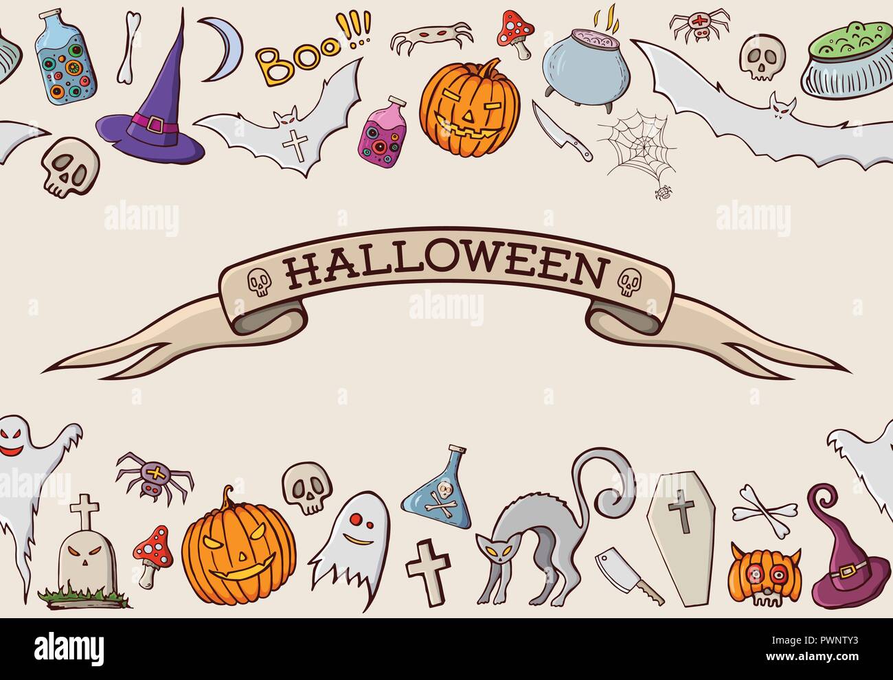 Colore forme cartoon sul tema Halloween. Seamless pattern di confine. Nastro con testo. Celebrazione dello sfondo con la zucca, scull, spider, cappello, cat, tomba Illustrazione Vettoriale