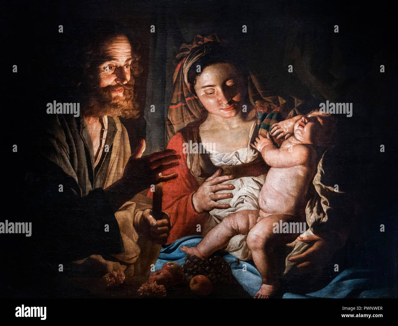 La Santa Famiglia di Matthias Stomer (c.1600-c.1652), olio su tela, c.1640 Foto Stock