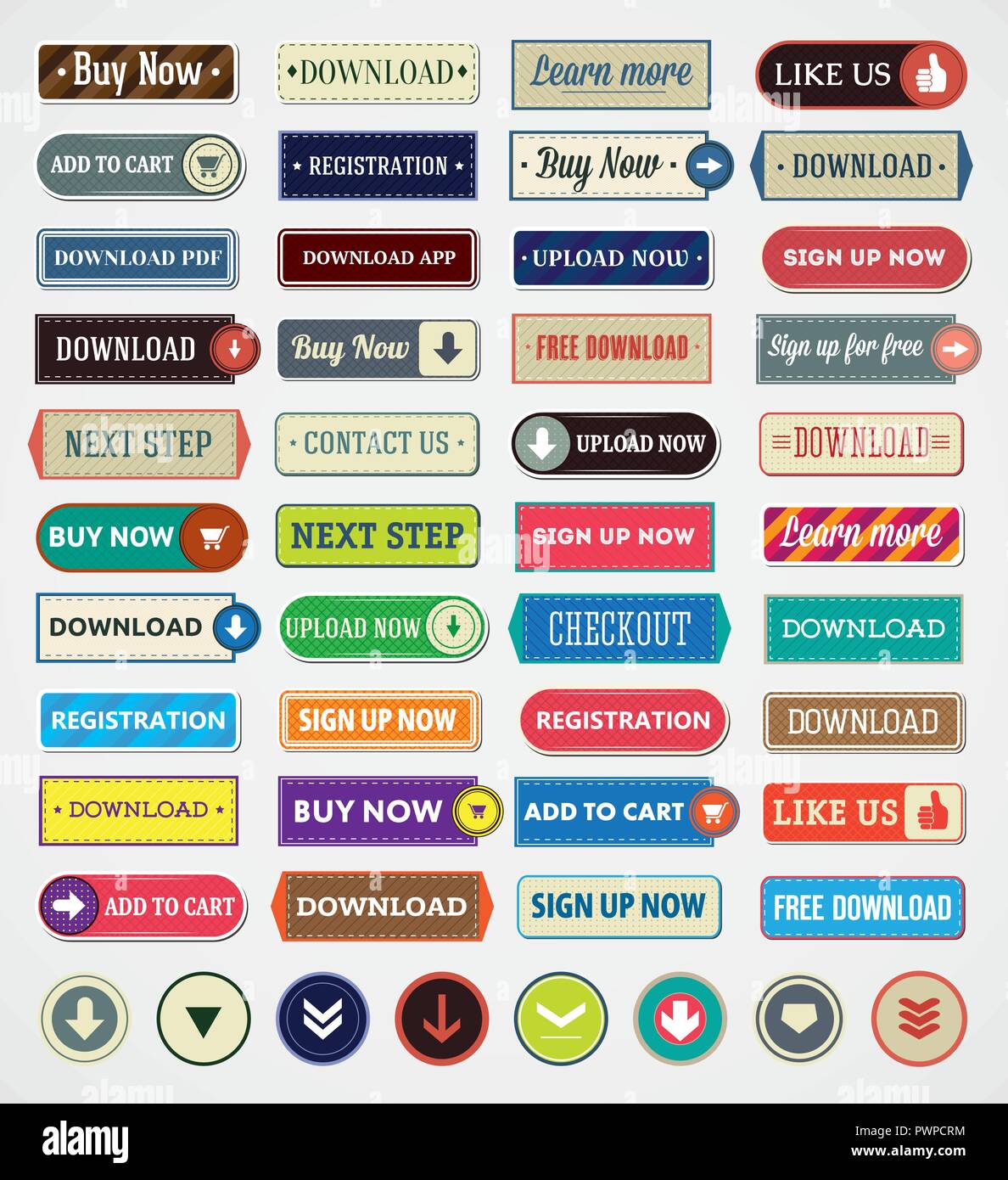 Set retrò di diversi pulsanti per siti web Illustrazione Vettoriale
