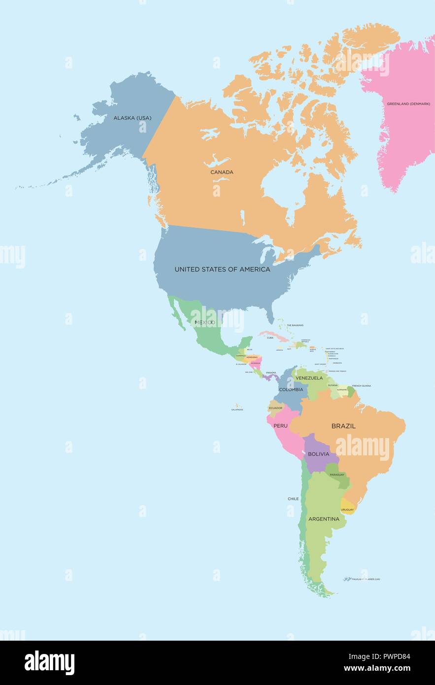 Colorata mappa politico del Nord e Sud America e dettagliata illustrazione vettoriale Illustrazione Vettoriale