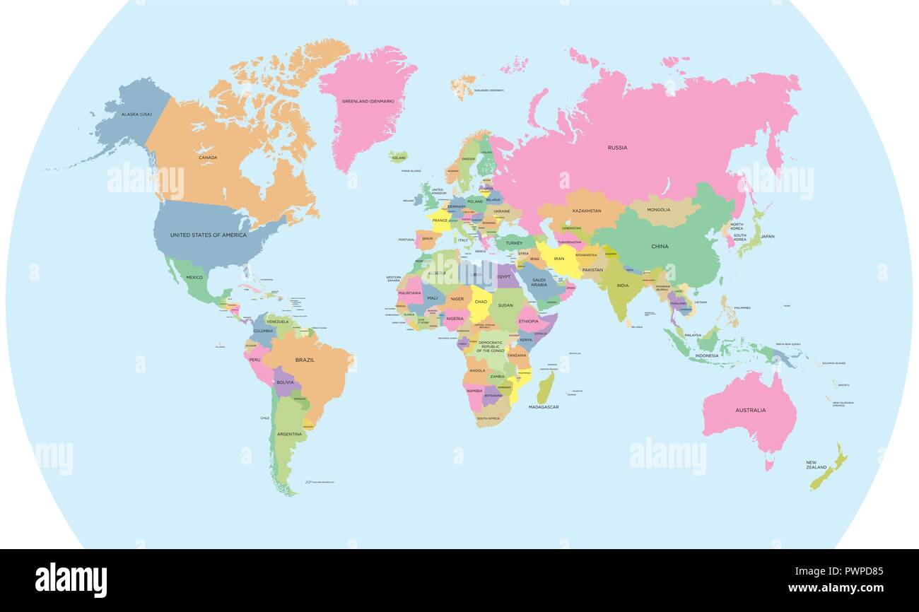 Colorata mappa politica del mondo vettore dettagliata illustrazione vettoriale Illustrazione Vettoriale