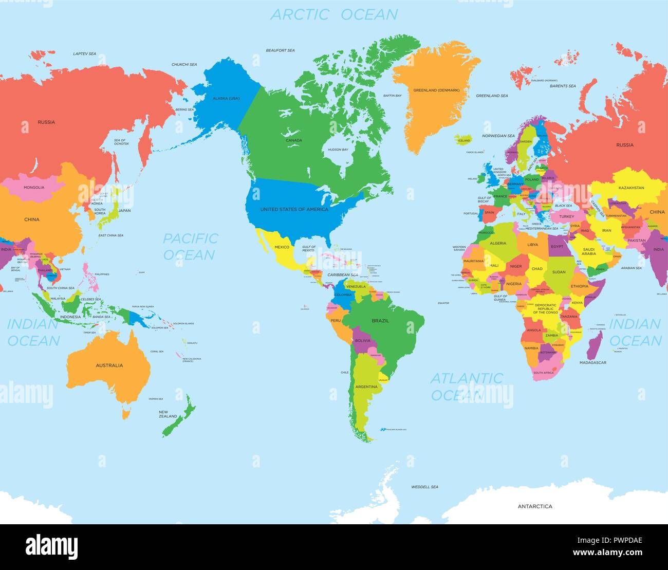 Colorata mappa politica del mondo vettore American mappa Mondo Illustrazione Vettoriale