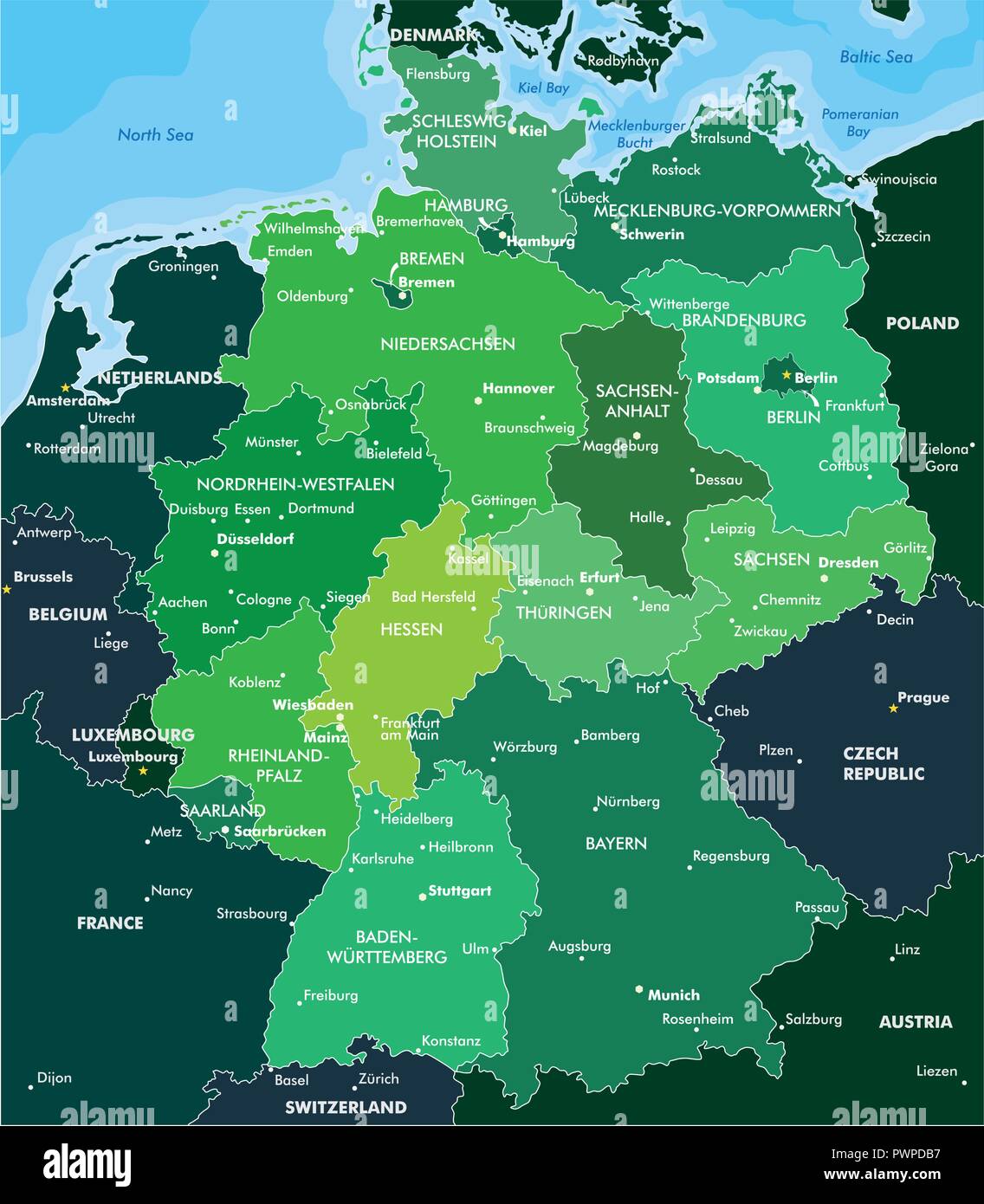 Mappa dei colori della Germania dettagliata illustrazione vettoriale Illustrazione Vettoriale