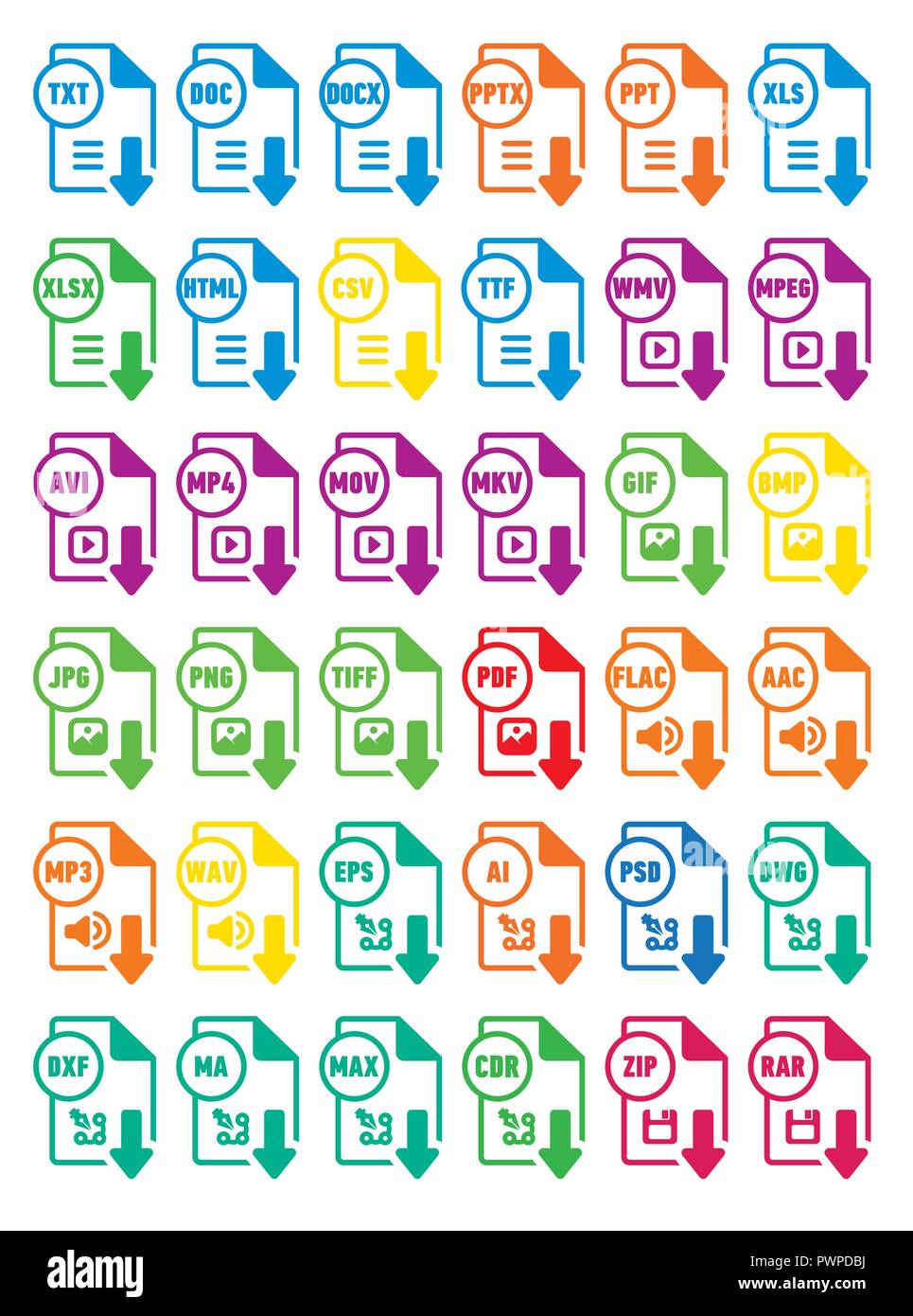 Icone download file di estensione per il web design Illustrazione Vettoriale