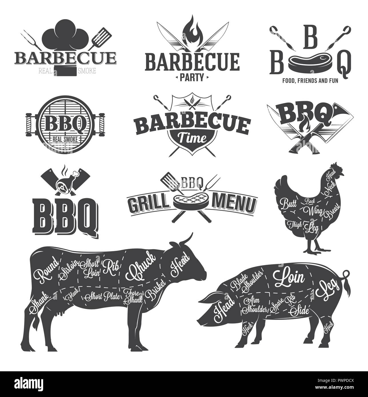Barbecue di emblemi e loghi modello per il tuo logo design Illustrazione Vettoriale