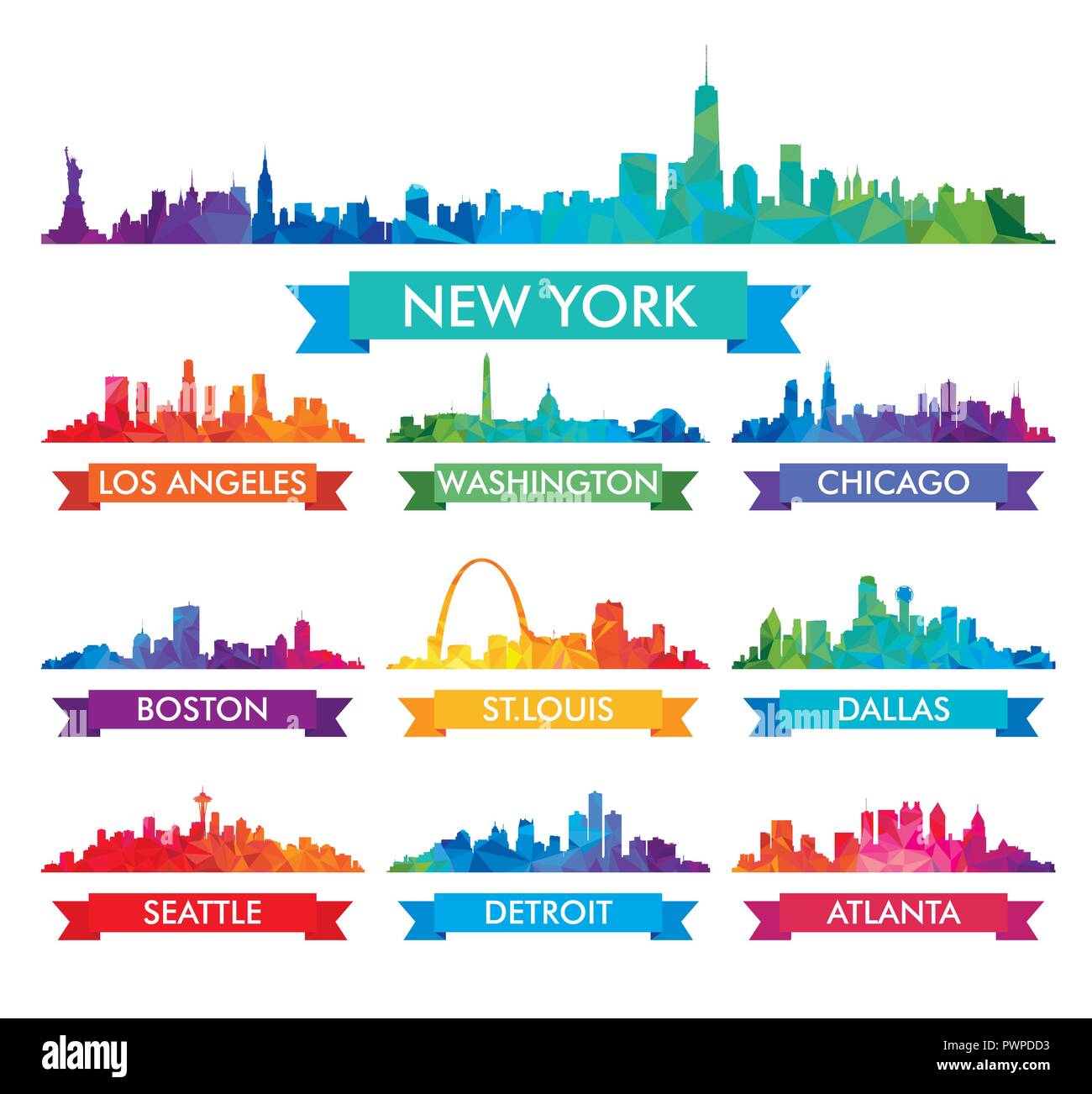 Skyline della città d'America colorata illustrazione vettoriale grande set di vettore silhouette della città Illustrazione Vettoriale