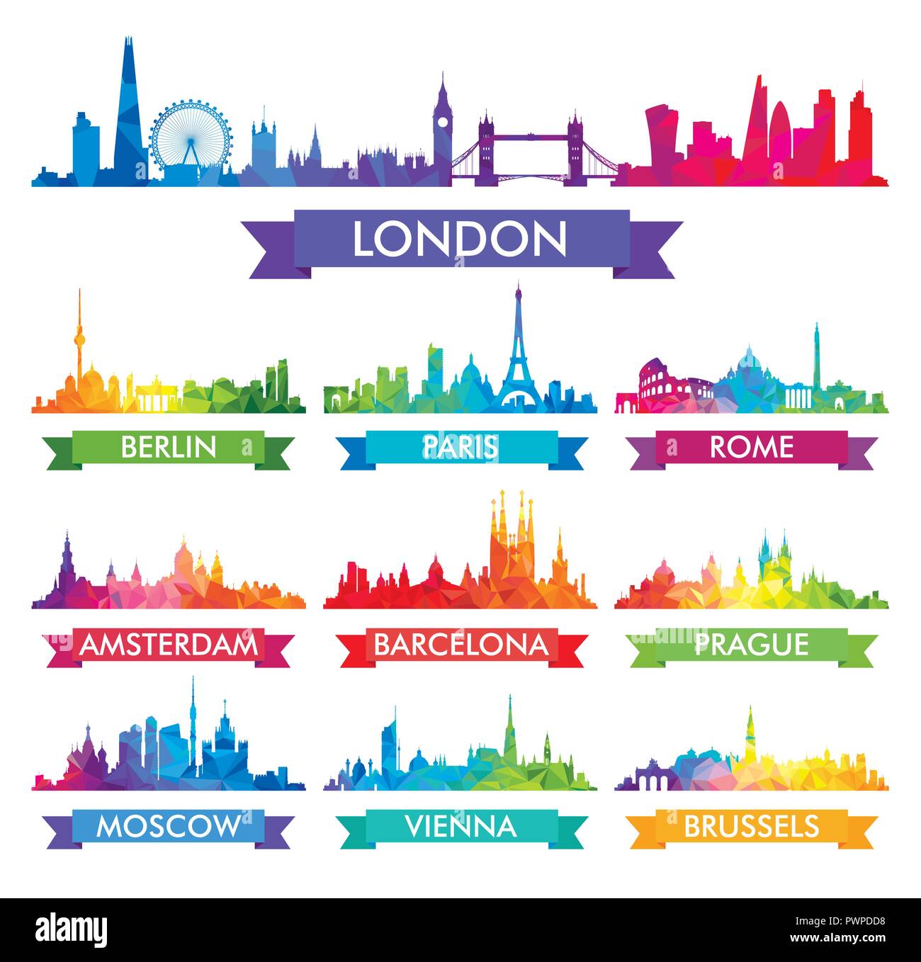 Skyline della città dell'Europa colorata illustrazione vettoriale grande set di vettore silhouette della città Illustrazione Vettoriale