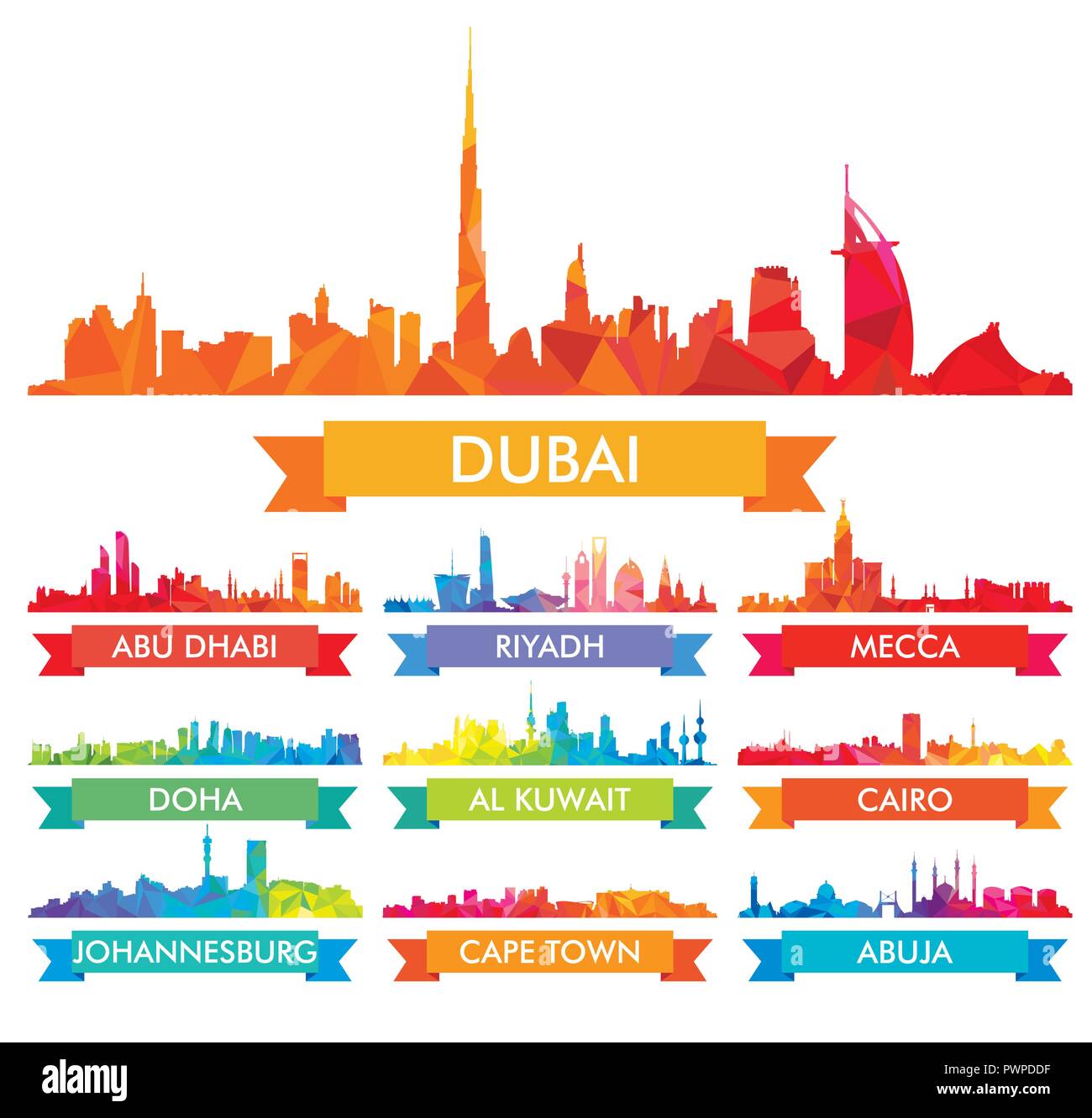 Colorato skyline сity la penisola arabica e Africa grande set di vettore silhouette della città Illustrazione Vettoriale