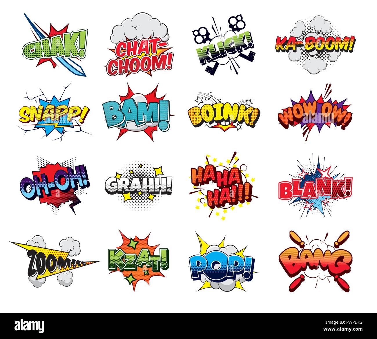 Raccolta di fumetti di vettore effetti sonori pop art style template per il tuo design Illustrazione Vettoriale