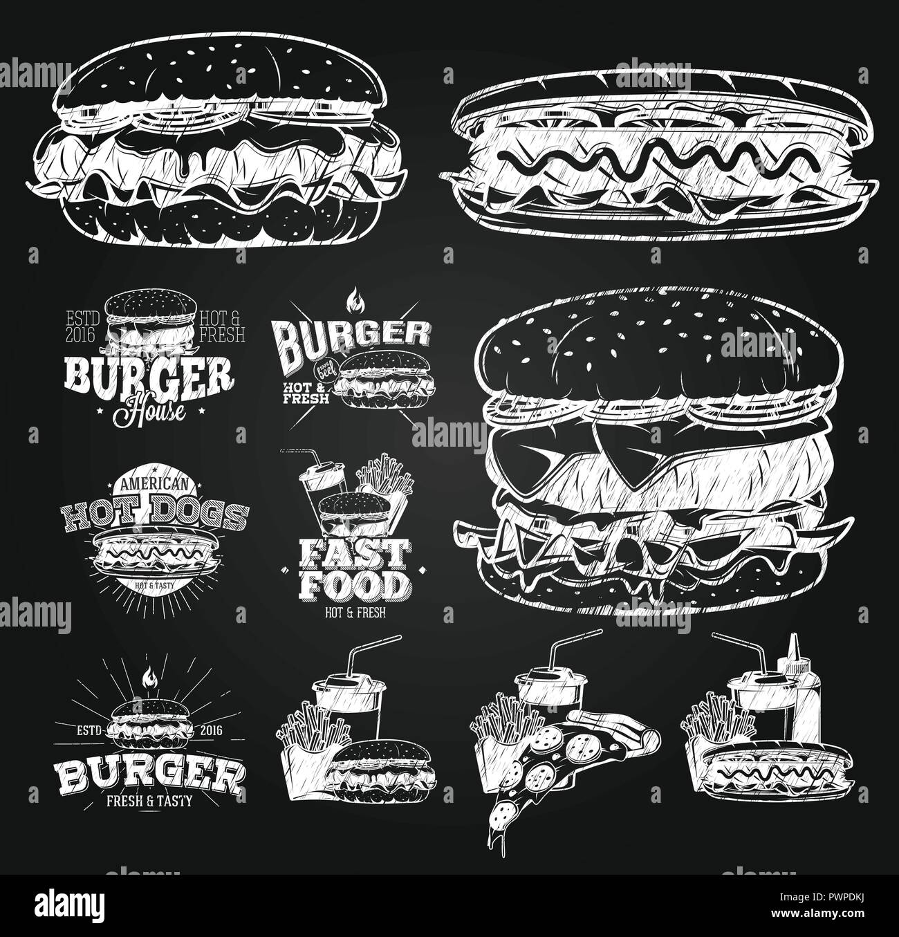 Il Fast Food etichetta, loghi ed elementi di design di chalk drawing template per il tuo logo design Illustrazione Vettoriale