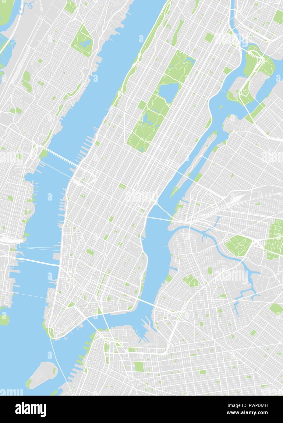 New York colorata mappa vettoriale piano particolareggiato della città, fiumi e strade Illustrazione Vettoriale