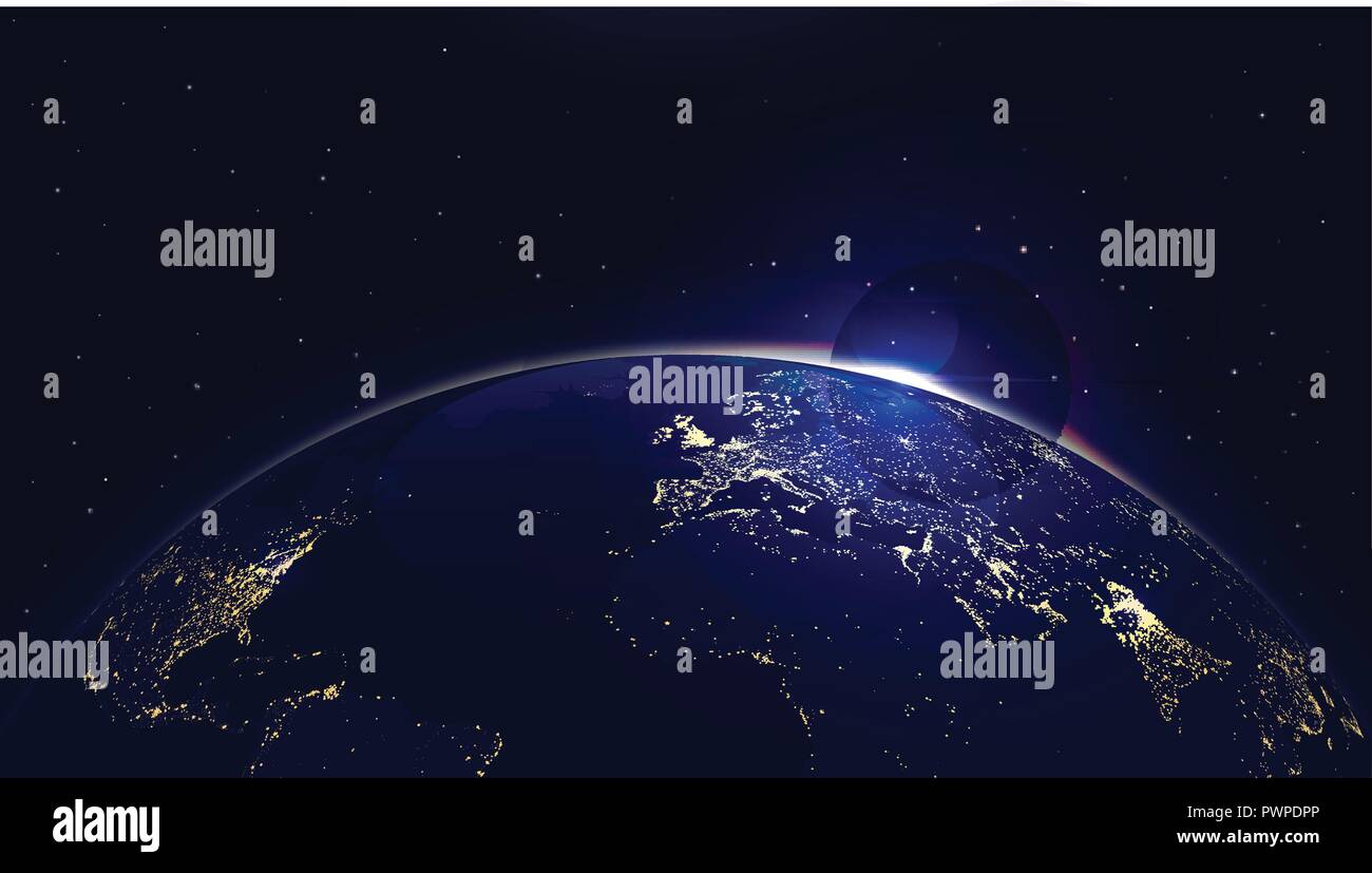 Sfondo vettoriale il pianeta terra con sunrise nello spazio e luci della città modello per il tuo logo design Illustrazione Vettoriale