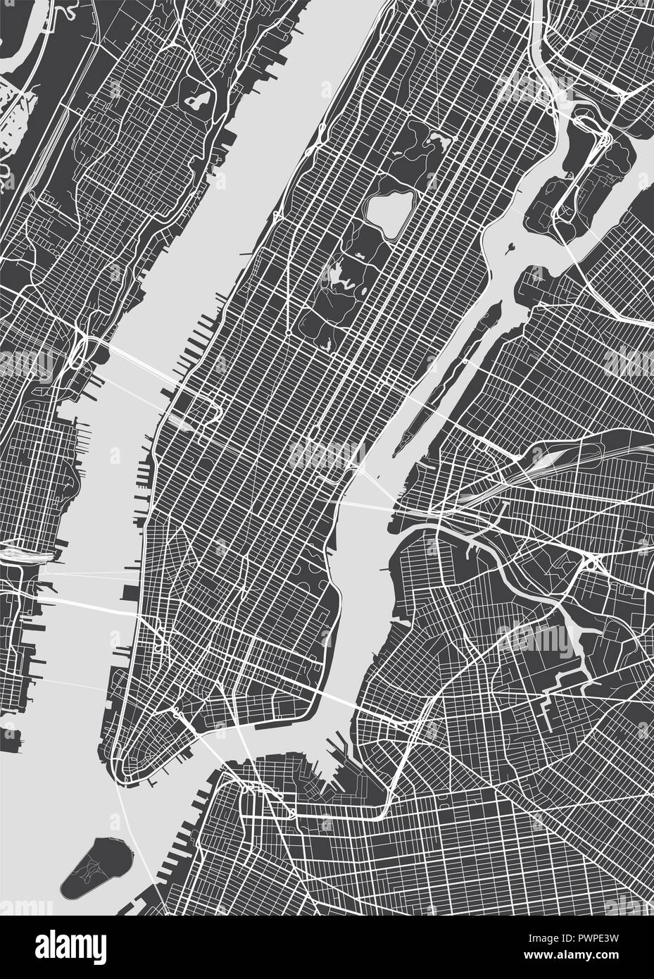 Vettore mappa dettagliata New York piano particolareggiato della città, fiumi e strade Illustrazione Vettoriale