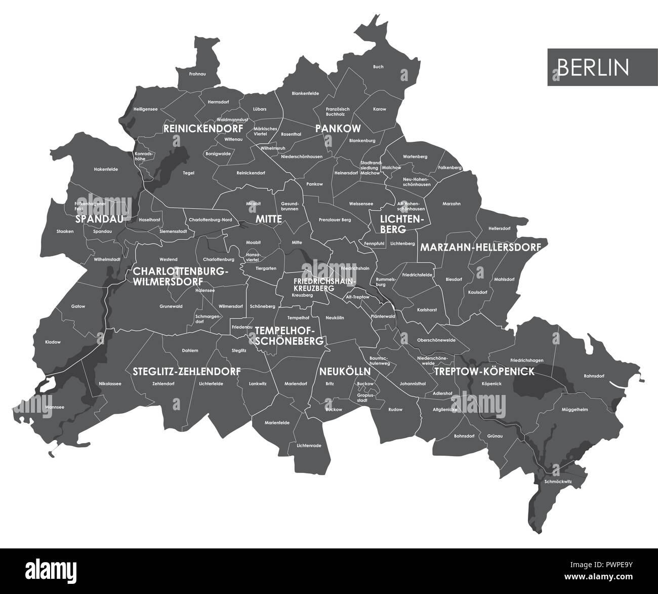 Mappa vettoriale di Berlino, nel quartiere piano particolareggiato della città, distretti e quartieri Illustrazione Vettoriale