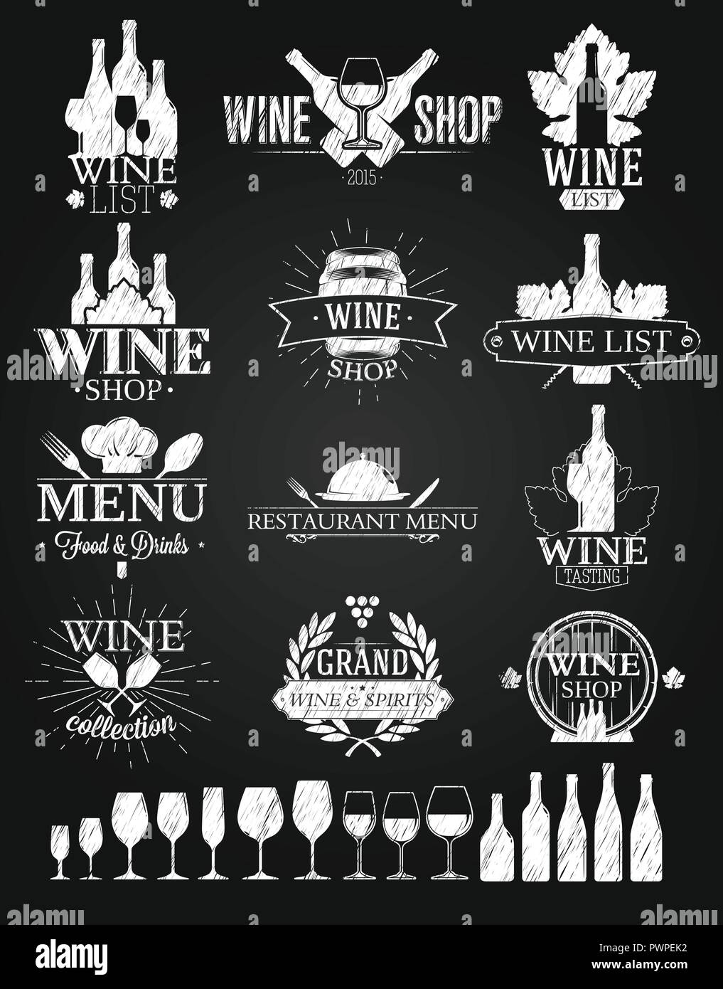 Etichette di vino e loghi chalk drawing template per il tuo logo design Illustrazione Vettoriale