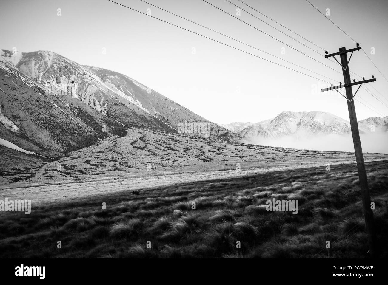 Campi di montagna paesaggio in Nuova Zelanda, immagine in bianco e nero Foto Stock