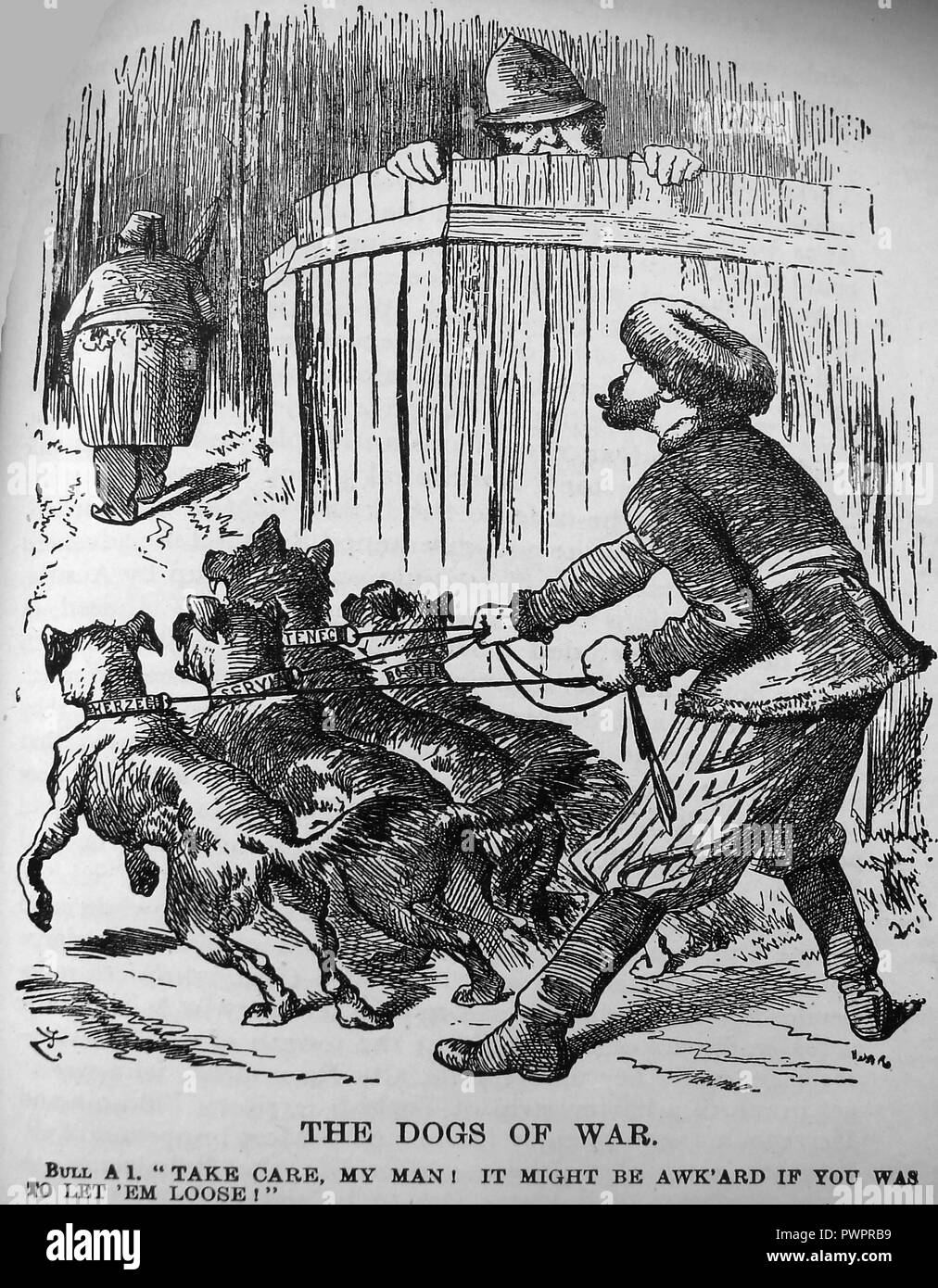 Un inizio di cartoon politico - cani della guerra - La Russia d'ansia per controllare gli stati balcanici e 'John Bull' sulla riga avvisa della Gran Bretagna da ansia per preservare la Turchia Foto Stock