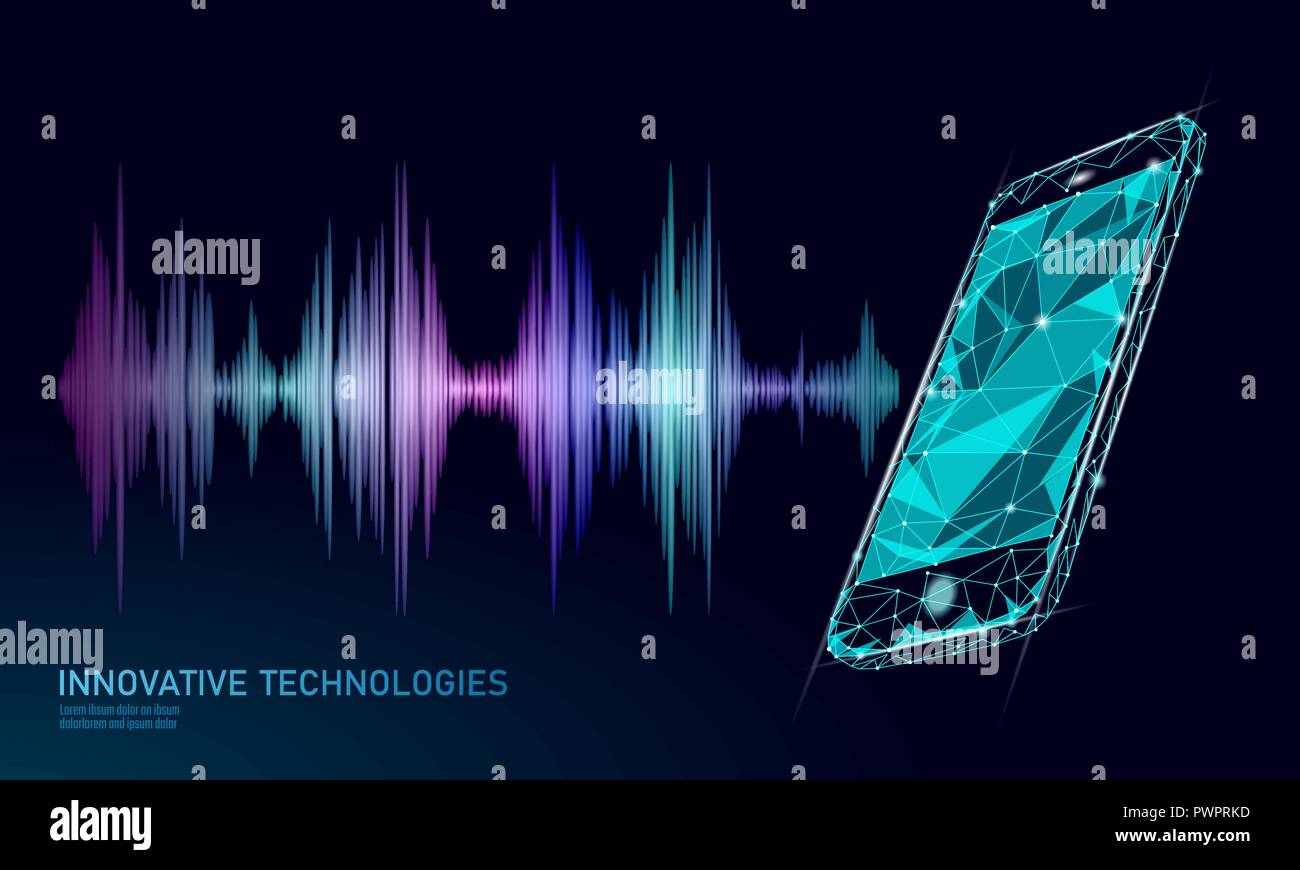 Riconoscimento audio Assistente vocale bassa poli smartphone. Wireframe poligonale mesh 3D rendering audio tecnologia innovativa forma d'onda. Equalizzatore audio digitale computer concetto illustrazione vettoriale Illustrazione Vettoriale