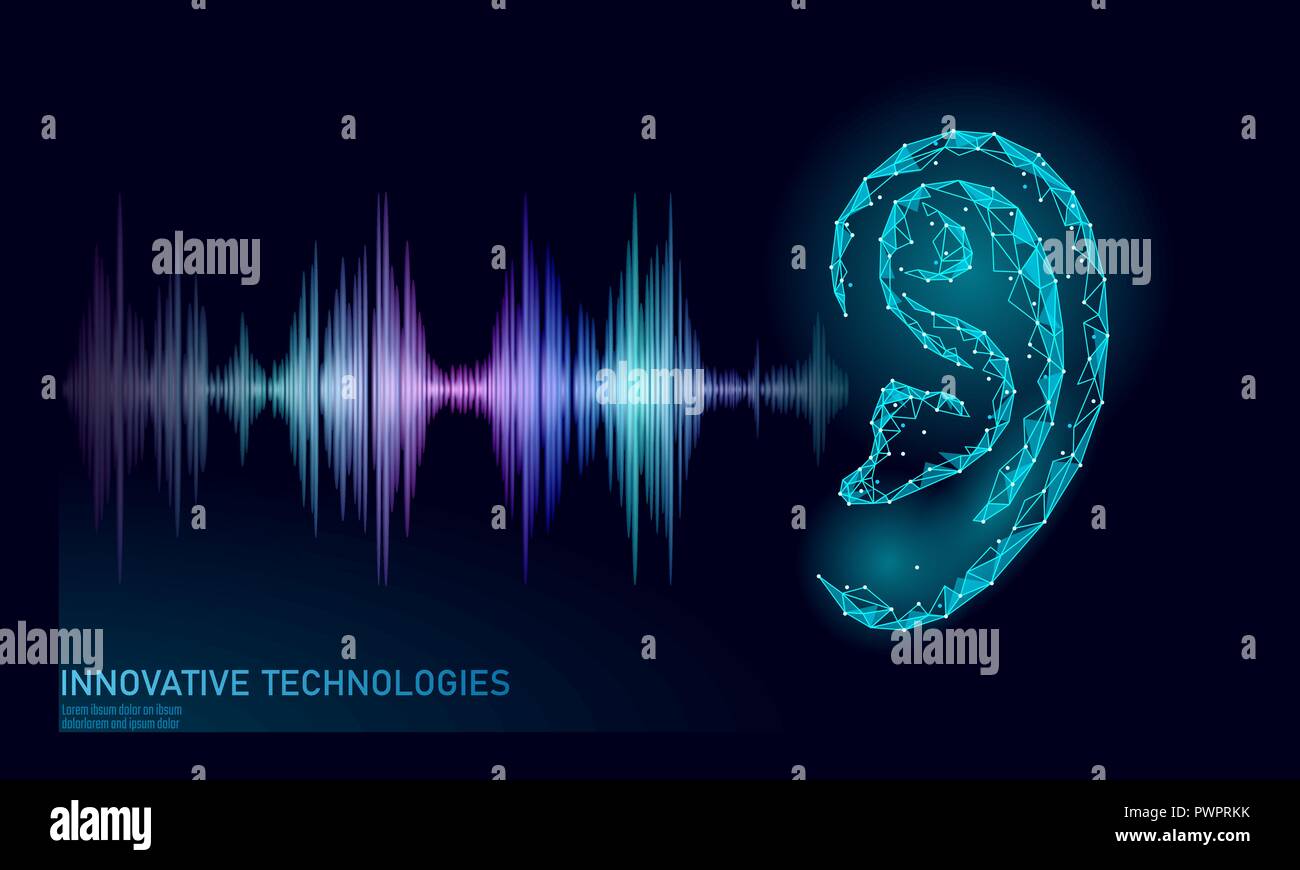 Riconoscimento audio Assistente vocale bassa poli. Wireframe poligonale mesh 3D render orecchio il suono delle onde radio la tecnologia innovativa forma d'onda. Equalizzatore audio digitale computer concetto illustrazione vettoriale Illustrazione Vettoriale