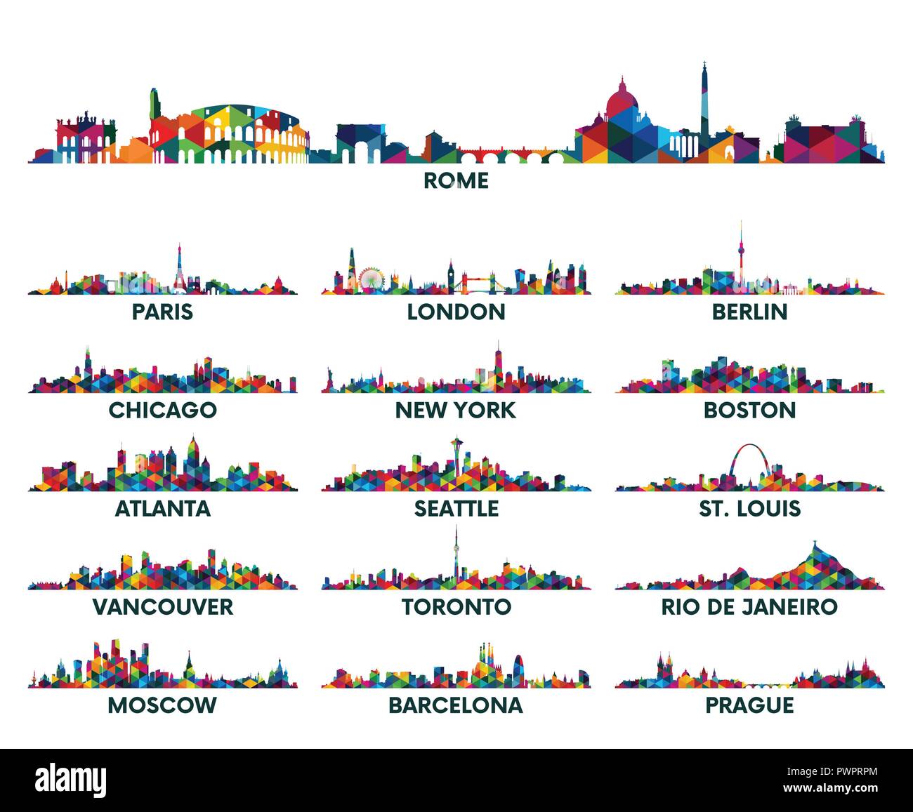 Disegno geometrico skyline città America e Europa insieme di vettore silhouette della città Illustrazione Vettoriale