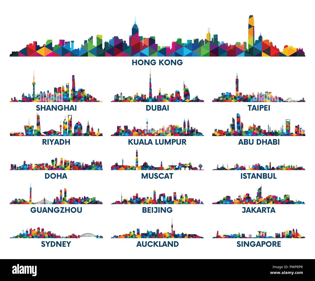 Disegno geometrico skyline della città della penisola araba e in Asia grande set di vettore silhouette della città Illustrazione Vettoriale