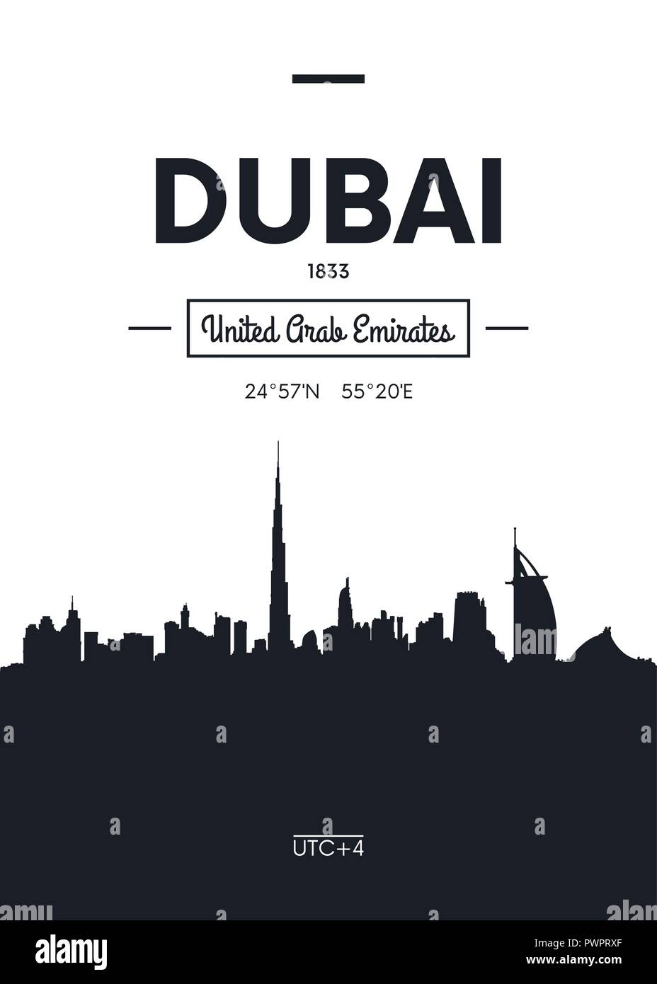 Poster dello skyline della città di Dubai, in stile appartamento illustrazione vettoriale decorazione di interni design Illustrazione Vettoriale