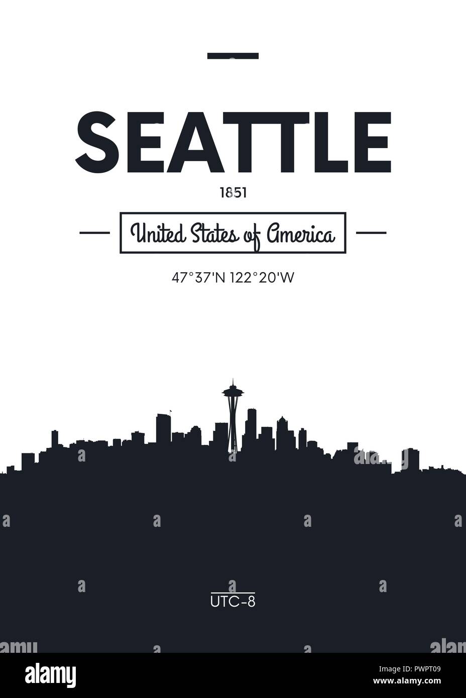 Poster dello skyline della città di Seattle, di tipo piatto illustrazione vettoriale decorazione di interni design Illustrazione Vettoriale