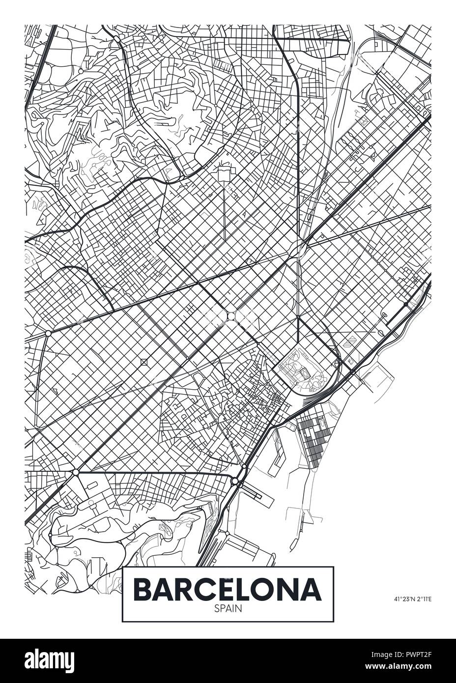 Poster del vettore mappa città Barcelona piano particolareggiato della città, fiumi e strade Illustrazione Vettoriale