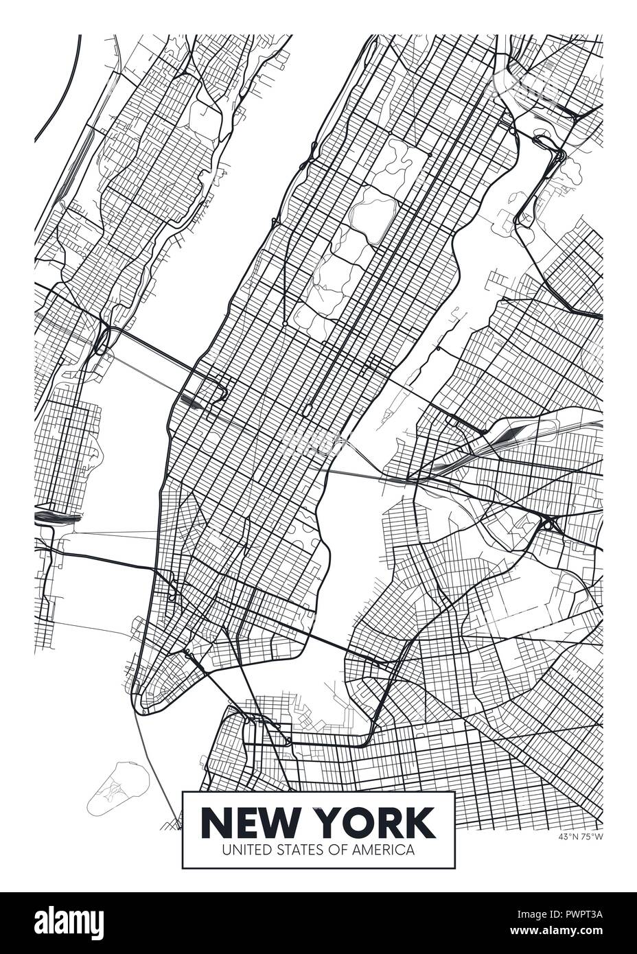 Poster del vettore mappa city New York piano particolareggiato della città, fiumi e strade Illustrazione Vettoriale