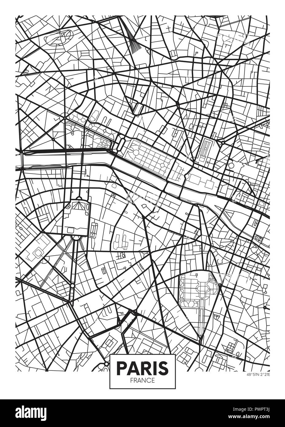 Poster del vettore mappa city paris piano particolareggiato della città, fiumi e strade Illustrazione Vettoriale