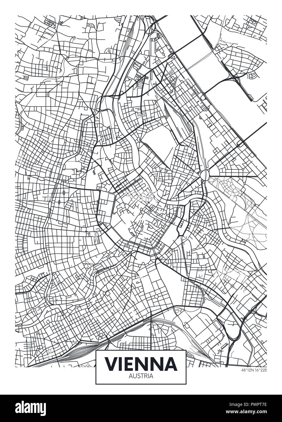 Vettore dettagliata poster mappa della città di Vienna il piano dettagliato della città, fiumi e strade Illustrazione Vettoriale