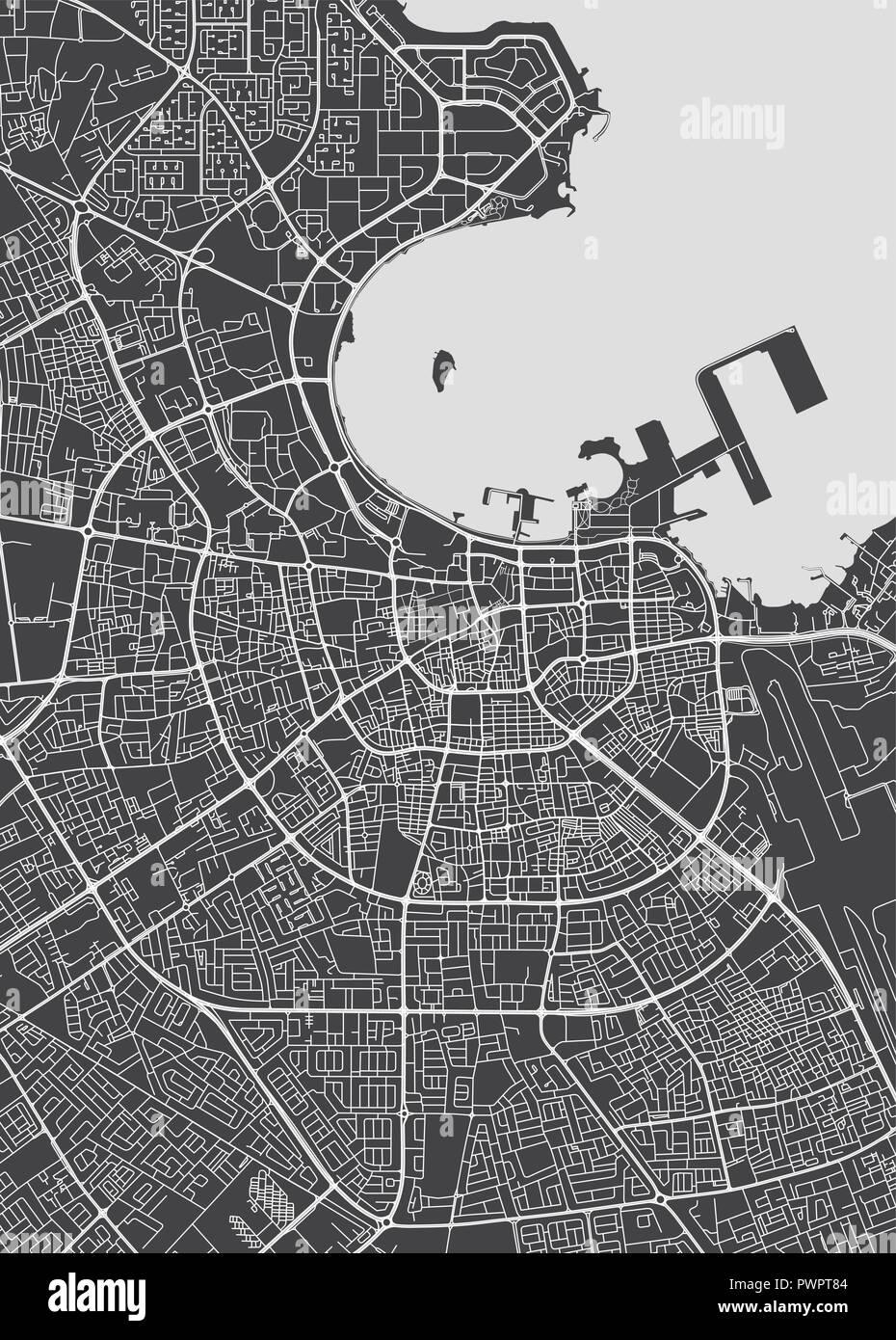 Doha city plan, dettagliata mappa vettoriale piano particolareggiato della città, fiumi e strade Illustrazione Vettoriale